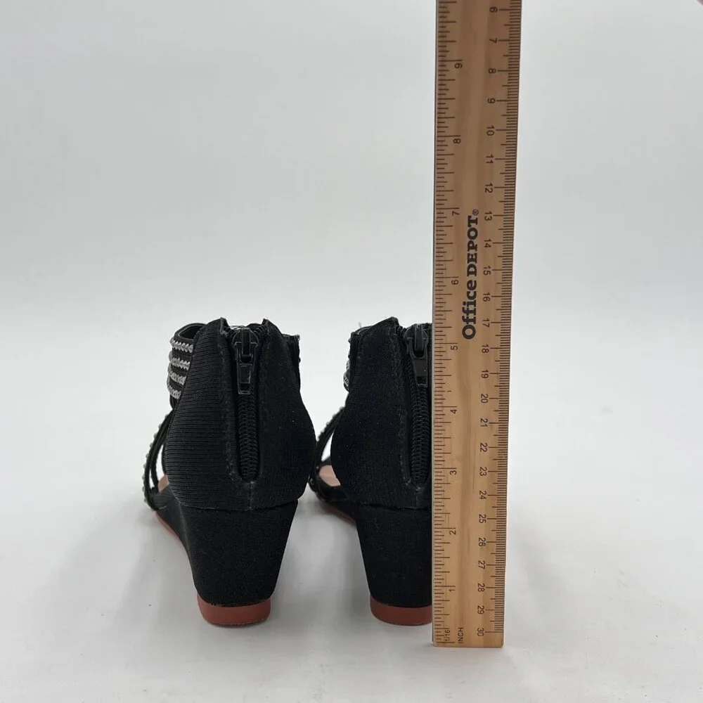 YDN Black Wedge Glitter Open Toe Rhinestones Cross Over Straps Mid Heel Sandals - Picture 5 of 8